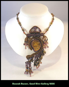 Fossil Agate Beaded Beadwoven Purple Brown Fringe Peyote Stitch Right Angle Weave Bead Necklace